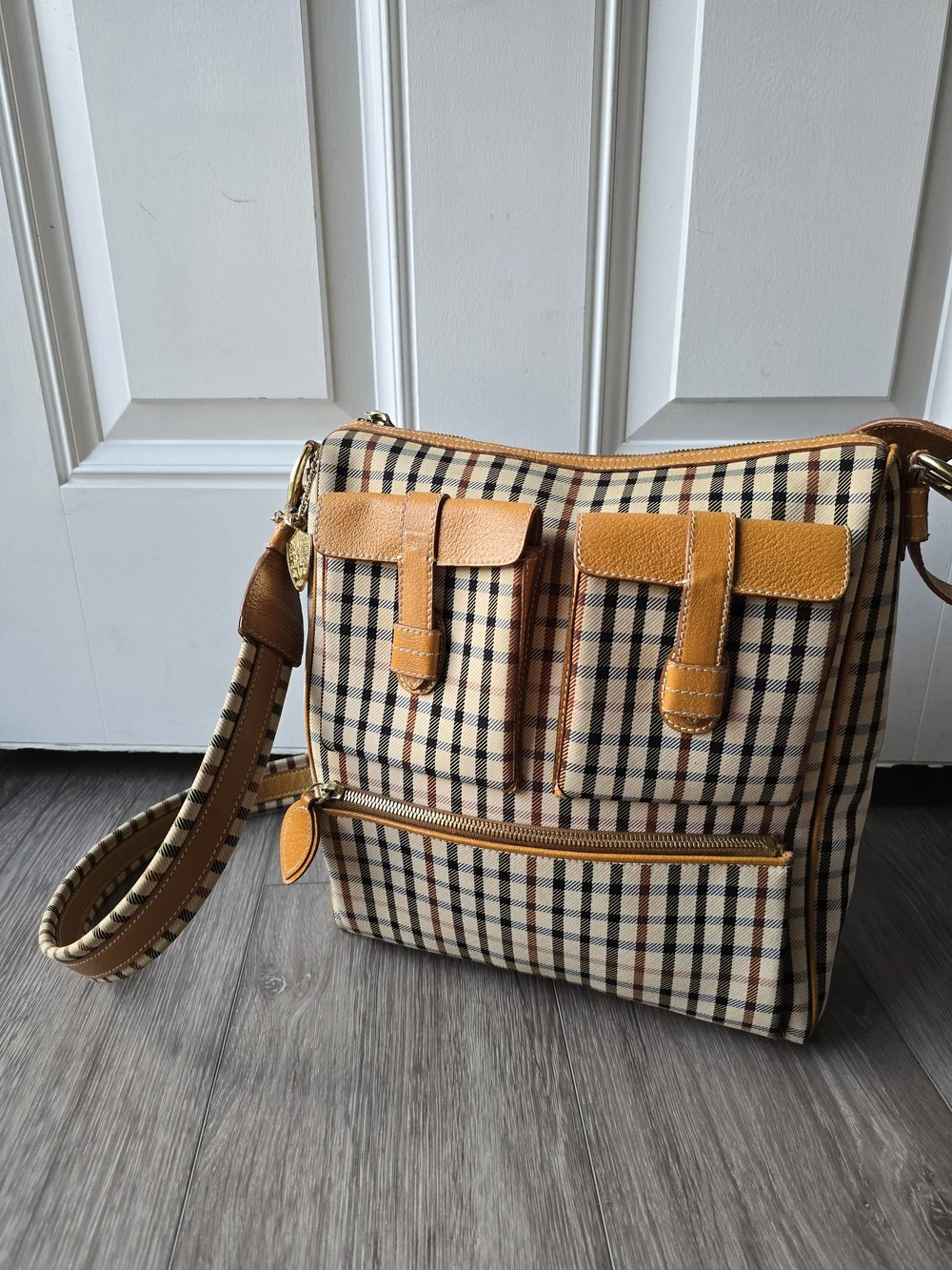 DAKS London House Check Plaid Crossbody Bag Camel Leather Trim Gold Hardware